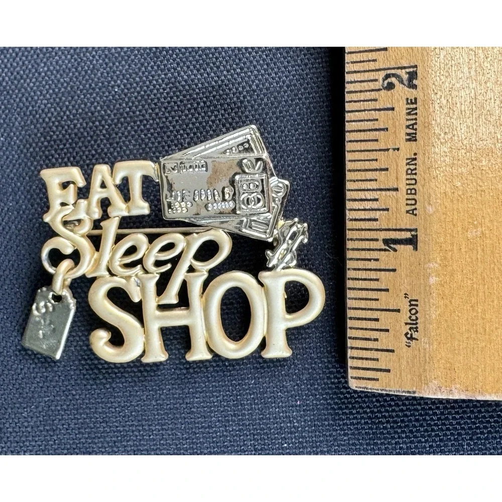 AJC American Jewelry Company Vintage Gold Tone Eat Sleep Shop Novelty Brooch